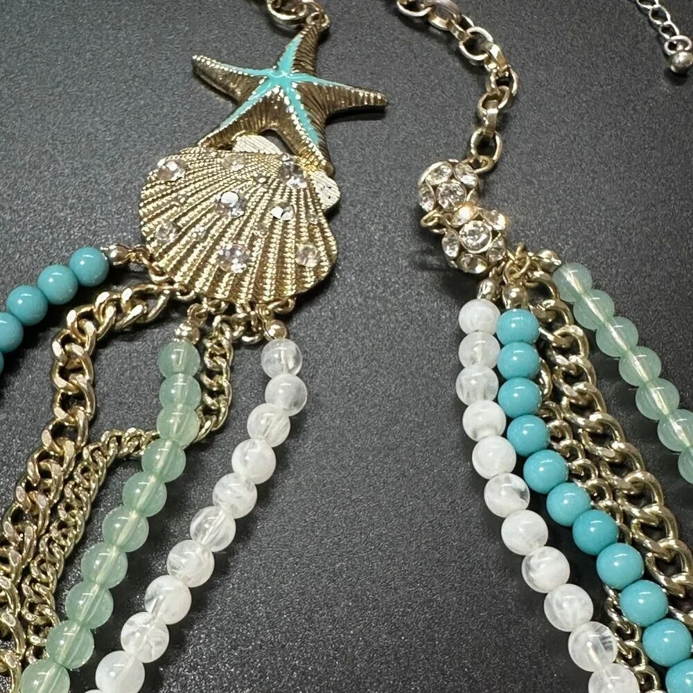Necklace Multi Strand Ocean Blue Gold Tone Seashell